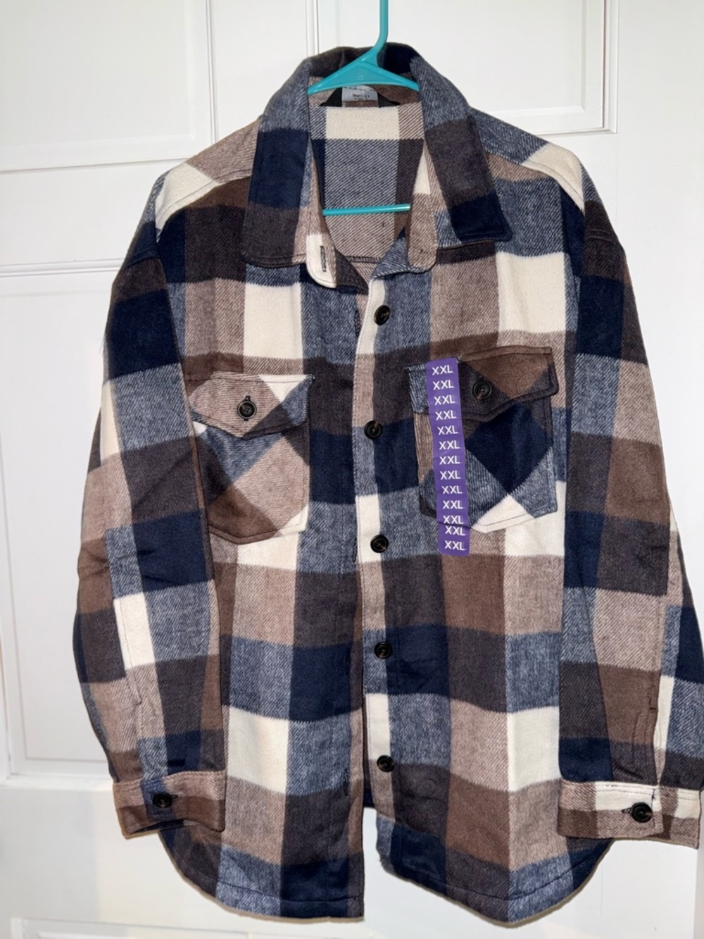 Plaid Button-Front Shacket Jacket - Navy & Brown